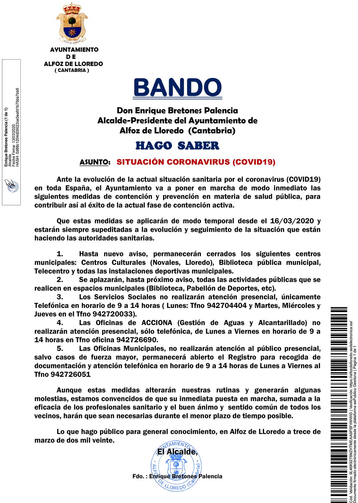 Bando: Situación Coronavirus (Covid19)