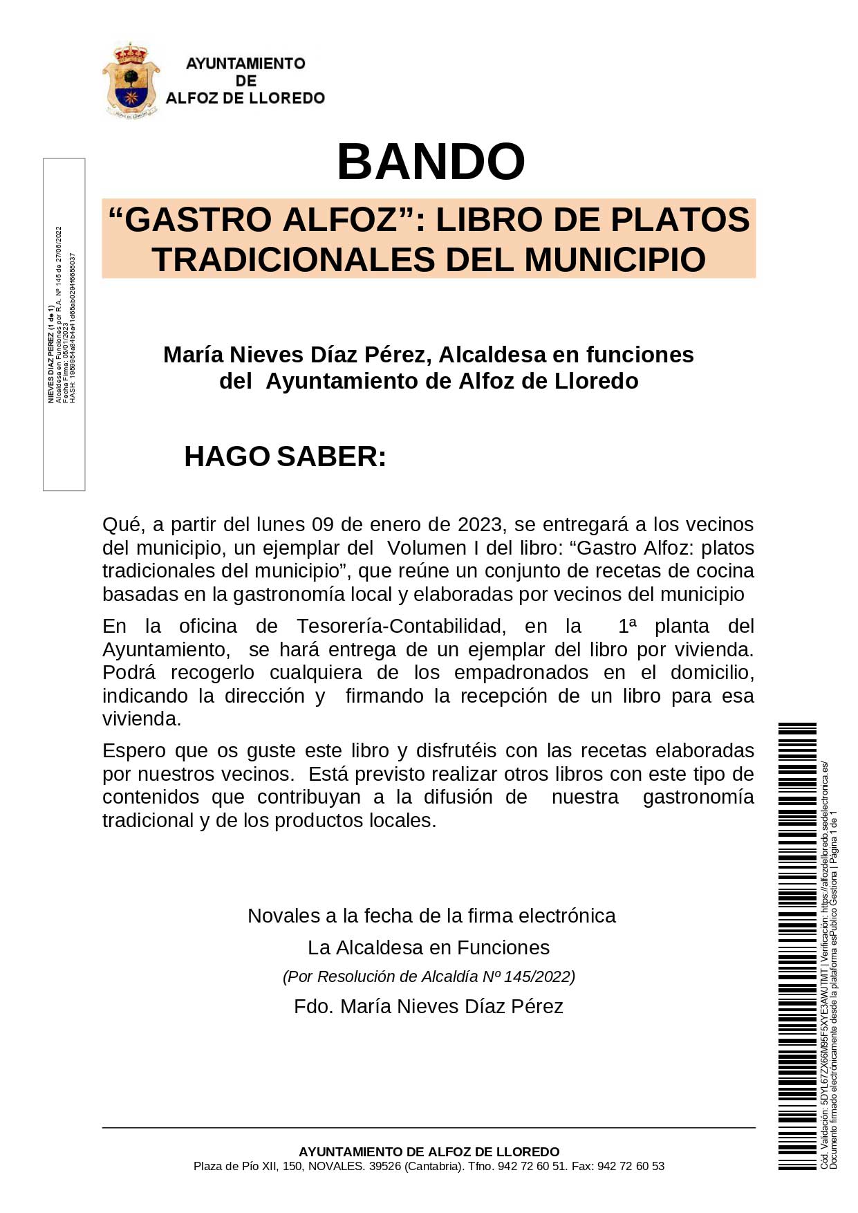 Bando. Gastro -Alfoz libro de platos tradicionales de Alfoz de Lloredo
