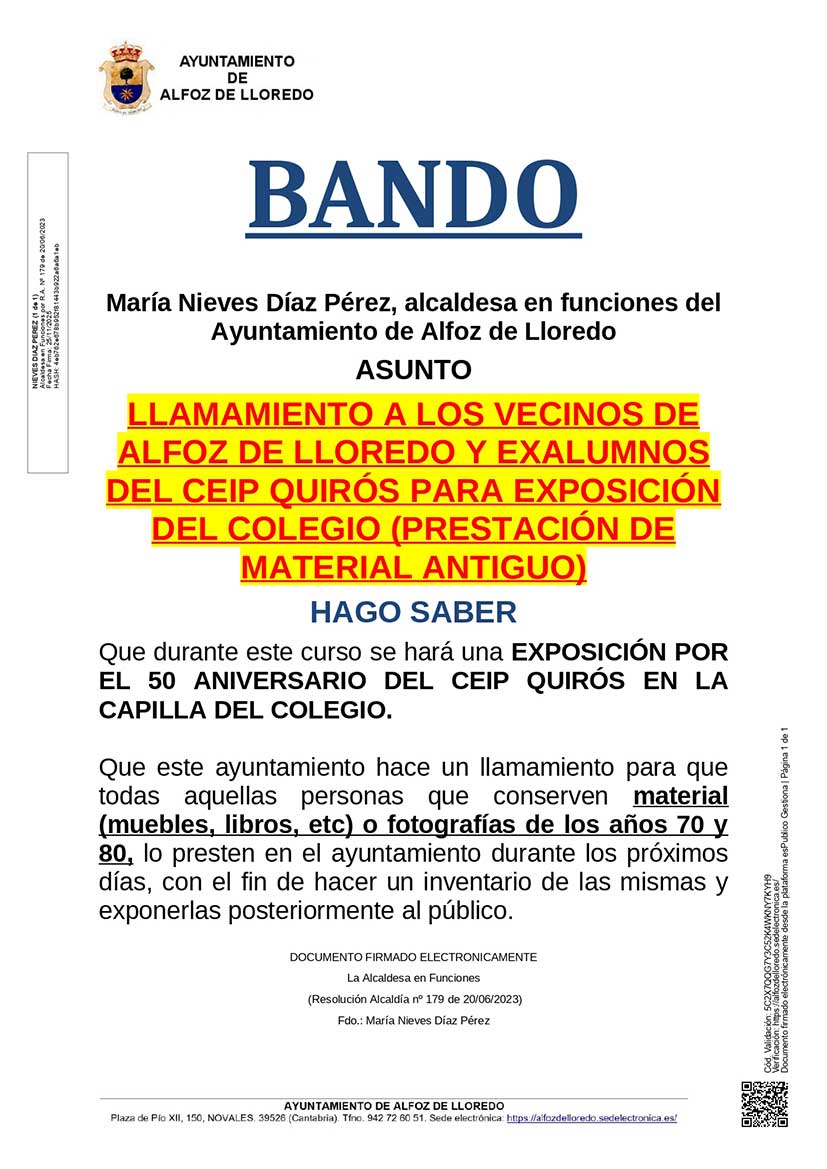 LLAMAMIENTO A LOS VECINOS DE ALFOZ DE LLOREDO Y EXALUMNOS DEL CEIP QUIRÓS PARA EXPOSICIÓN DEL COLEGIO (PRESTACIÓN DE MATERIAL ANTIGUO)