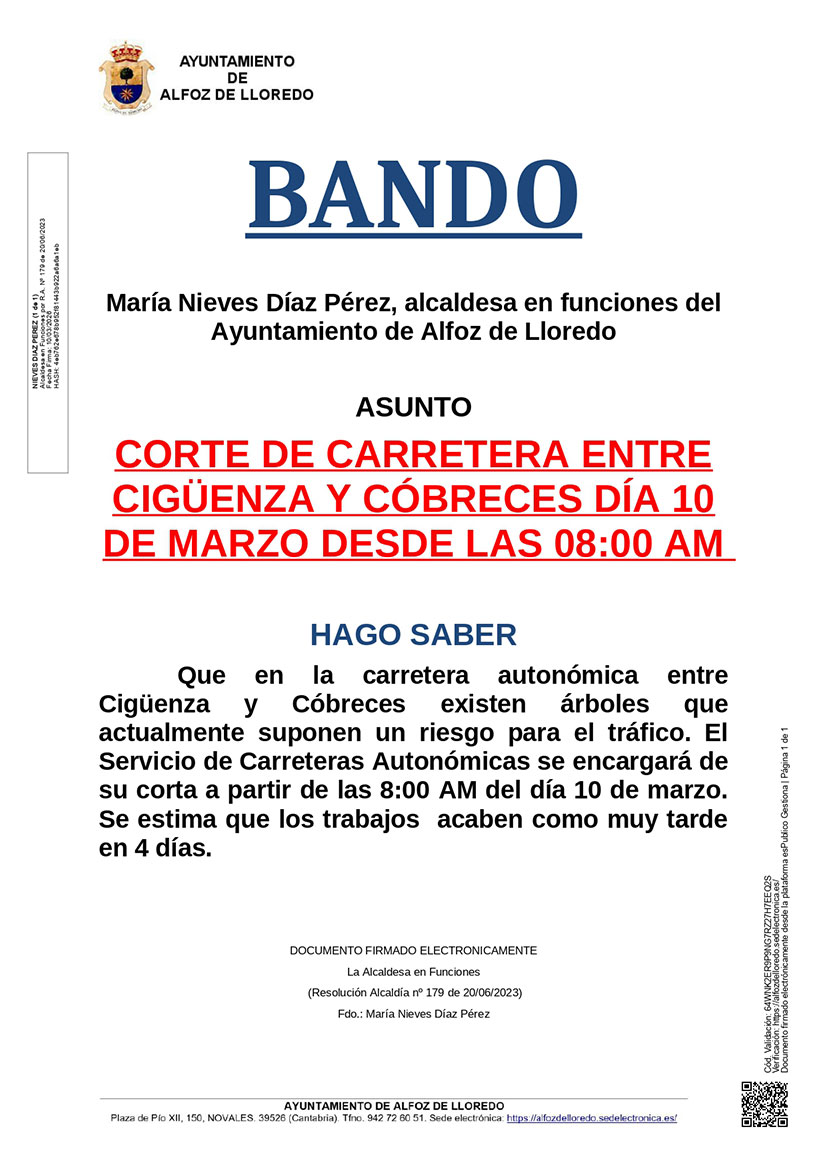 Bando: Corte carretera entre Cigüenza y Cóbreces día 10 de marzo