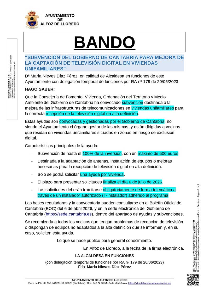 SUBVENCIÓN DEL GOBIERNO DE CANTABRIA PARA MEJORA DE LA CAPTACIÓN DE TELEVISIÓN DIGITAL EN VIVIENDAS UNIFAMILIARES