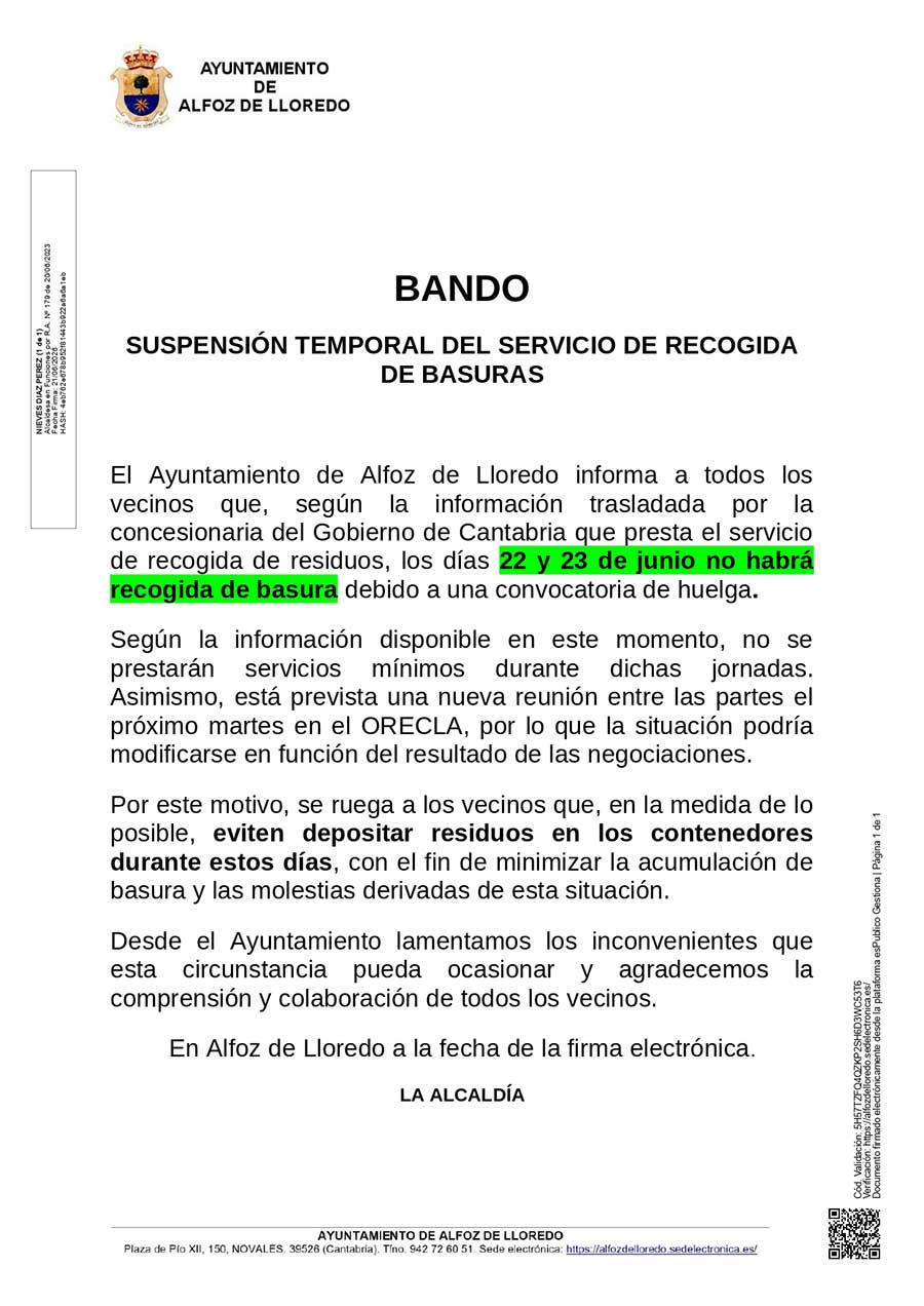 Bando: SUSPENSIÓN TEMPORAL DEL SERVICIO DE RECOGIDA DE BASURAS