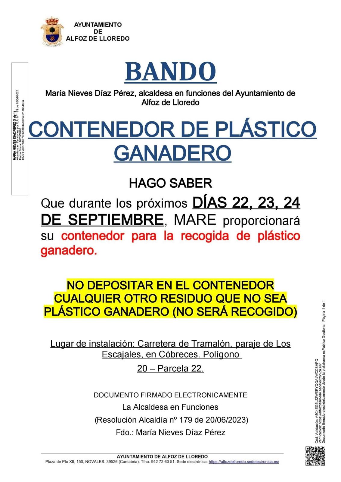 Bando. Contenedor de plástico ganadero